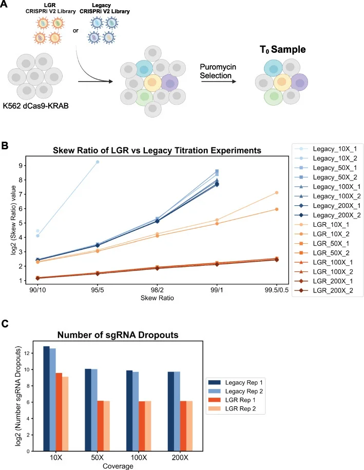 Comparison of sgRNA uniformity and dropout between LGR and conventional libraries post-transduction