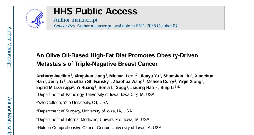 olive oil high fat diet promotes obesity driven tnbc metastasis