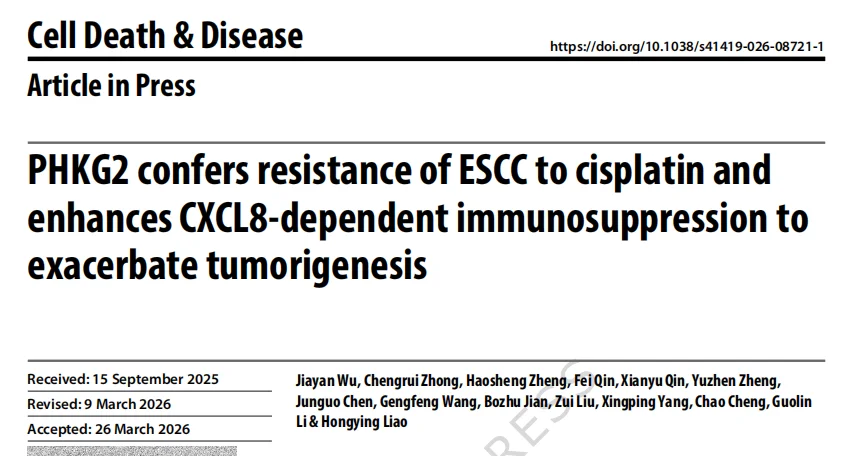 Cell Death & Disease publication on PHKG2 and cisplatin resistance in ESCC